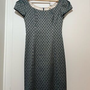 Paper Crown Teal and Gold 60’s style Sheath Dress with Puff Cap Sleeves